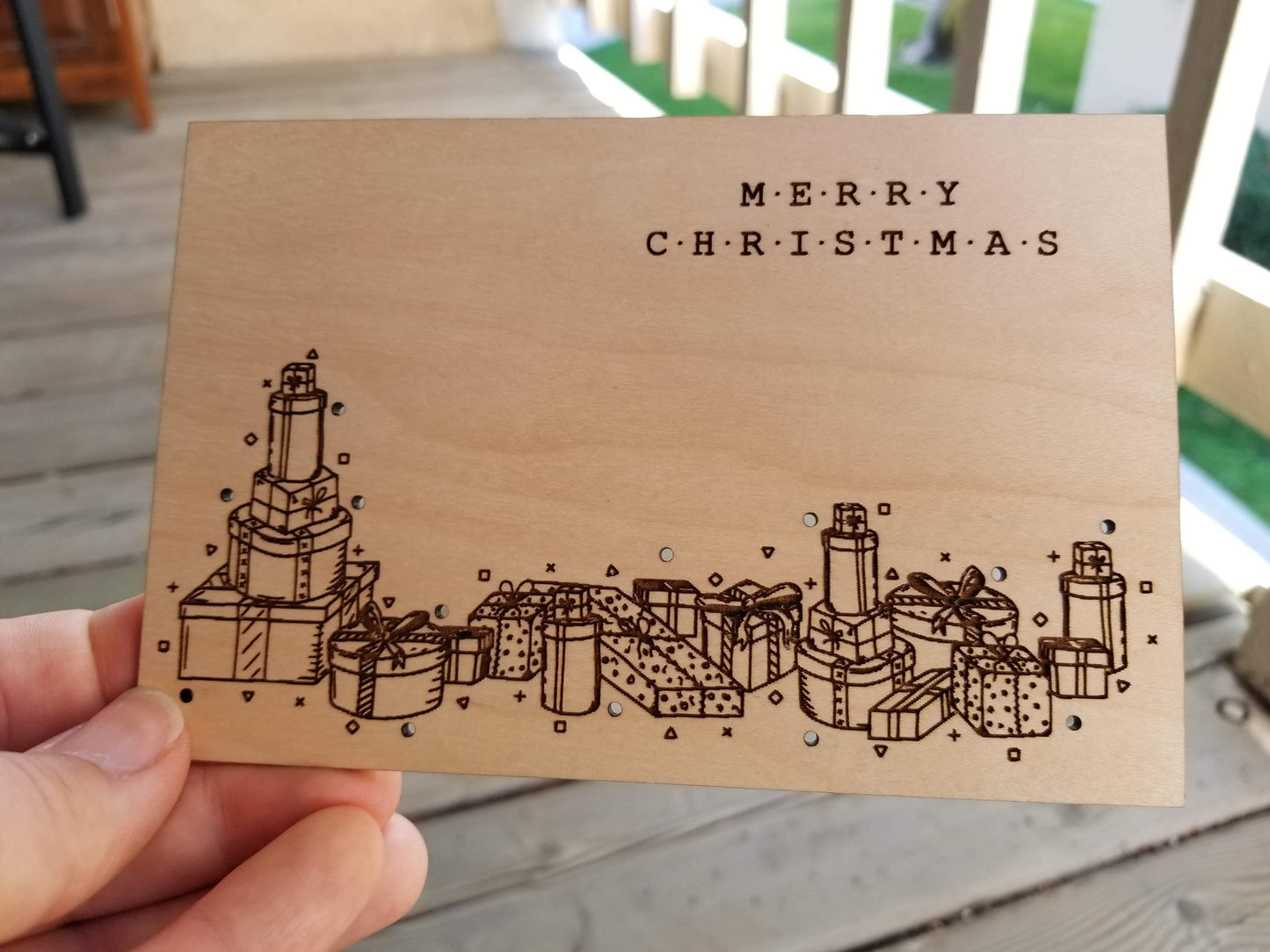 Merry Christmas -- Modern Design -- Holiday Card -- Christmas Card -- Engraved Ornaments -- Wood Card - Laser Cut - Unique Gift - Hand Drawn