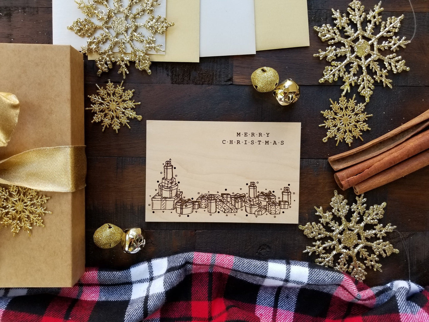 Merry Christmas -- Modern Design -- Holiday Card -- Christmas Card -- Engraved Ornaments -- Wood Card - Laser Cut - Unique Gift - Hand Drawn