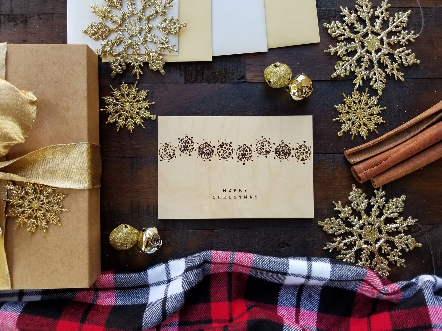 Merry Christmas -- Modern Design -- Holiday Card -- Christmas Card -- Engraved Ornaments -- Wood Card - Laser Cut - Unique Gift - Hand Drawn