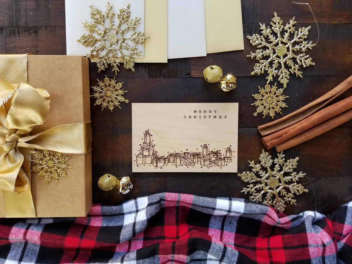 Merry Christmas -- Modern Design -- Holiday Card -- Christmas Card -- Engraved Ornaments -- Wood Card - Laser Cut - Unique Gift - Hand Drawn