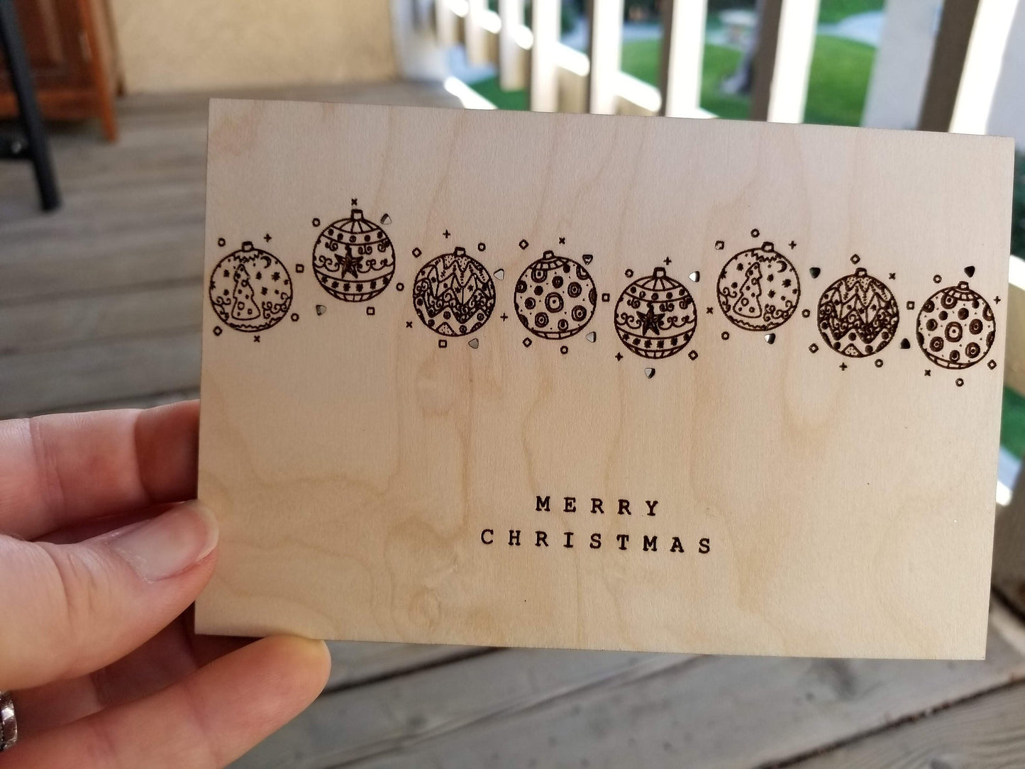 Merry Christmas -- Modern Design -- Holiday Card -- Christmas Card -- Engraved Ornaments -- Wood Card - Laser Cut - Unique Gift - Hand Drawn