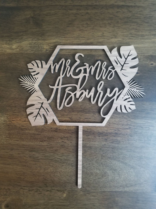 Custom Mr and Mrs Last Name Monstera Hexagon Cake Topper - Tropical - Palm Leaves - Wedding - Safari Theme - Laser Cut - Wood - Acrylic