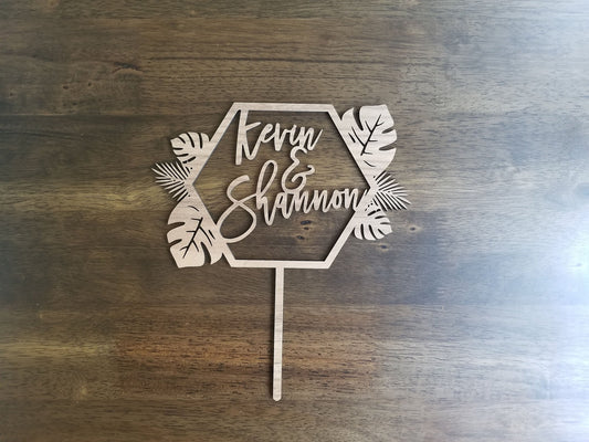 Custom Names Monstera Hexagon Personalized Cake Topper - Tropical - Palm Leaves - Wedding - Safari Theme - Laser Cut - Wood - Acrylic